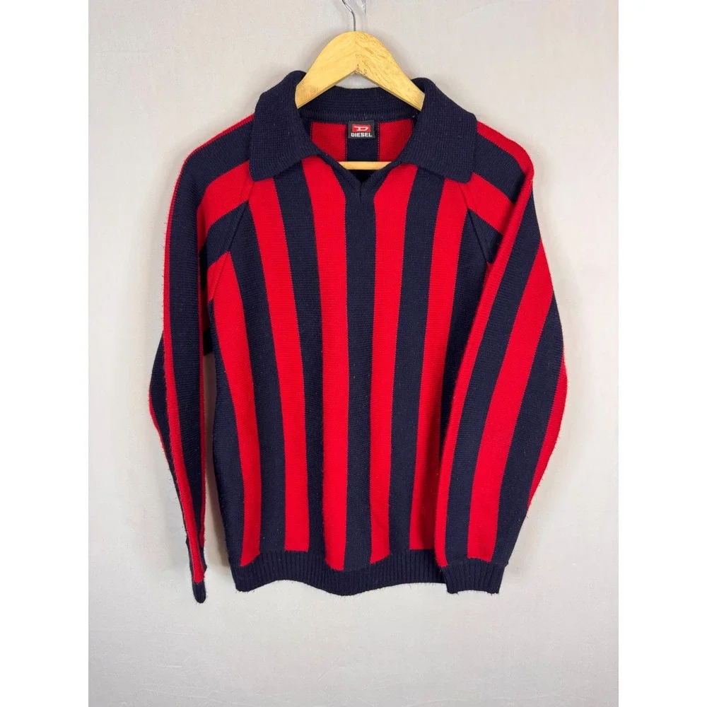 Diesel Red Navy‎ Blue Vertical Stripe Polo Collar Knit Sweater Men M AC Milan